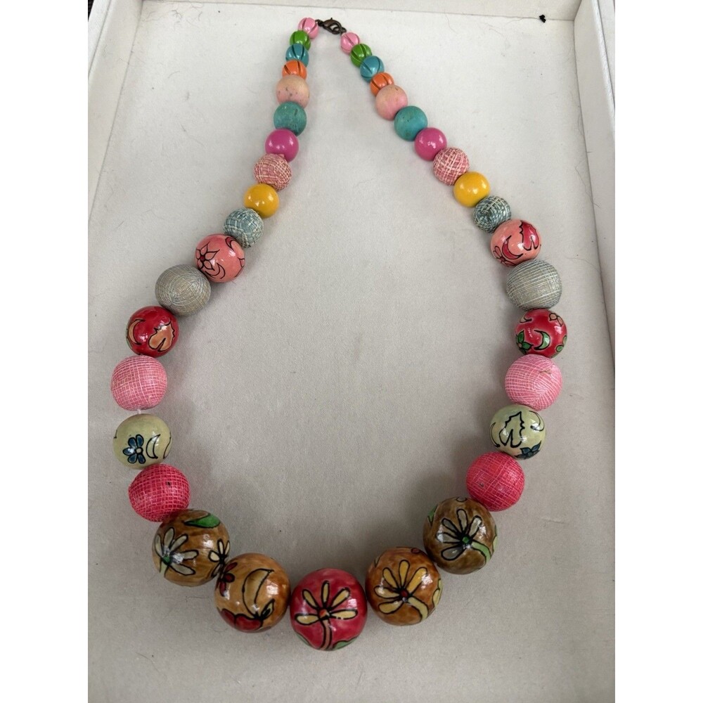 Kantha Bauble Graduated Beaded Collar Necklace Hand Painted 24”